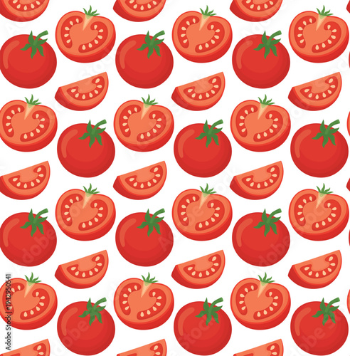 Seamless pattern with whole tomatoes, halves and quarter pieces. Bright background with red organic vegetables