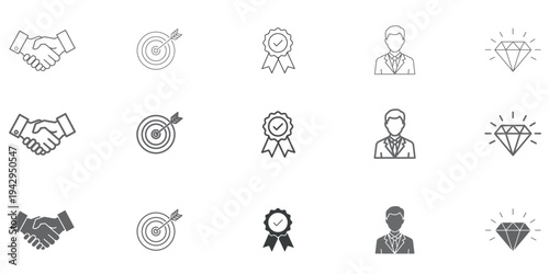 A comprehensive vector graphic set illustrating essential business concepts including partnership goals achievement quality assurance professional profiles and valuable diamond icons.