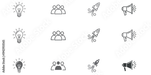 This vector illustration features a comprehensive graphic design set of modern business and startup concept icons, including symbols for innovative ideas, collaborative teams, rapid growth launches.