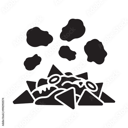 A simple black silhouette illustration of nachos with scattered toppings