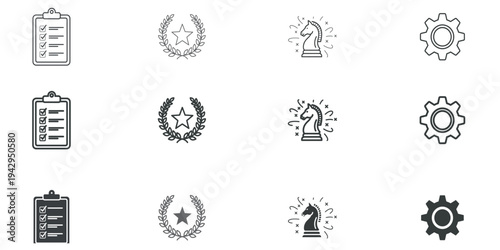Collection of minimalist line and filled vector graphic icons representing tasks, achievement, strategy, and settings across three different style variations.