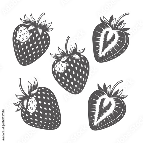 Black and white of five strawberries whole and halved strawberry fruit food