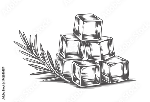 Black and white of ice cubes stacked with rosemary sprig