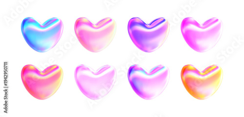 3d pink hologram heart. Y2k neon iridescent element for Valentines day. Vector mesh illustration