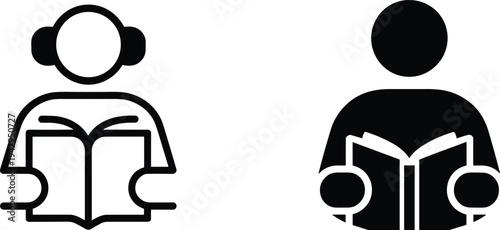 Two Reading Icons One Outline With Headphones One Solid Black Person Reading Book people