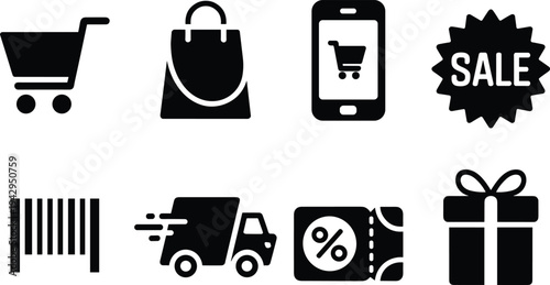 Ecommerce shopping icon set, online retail cart bag mobile purchase delivery discount barcode gift symbols vector illustration collection