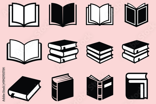 Variety of book icons in black and white silhouette on pink books open book