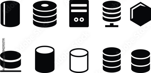 Database server storage technology data center cylinder stack hosting network system backup infrastructure computing vector icon set collection