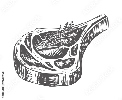 Black and white style of a lamb chop with rosemary meat bone