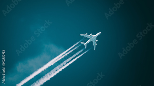 contrail. Airplane ascending into blue sky with white contrails, captured against a clean gradient background. mobility guides, transit brochures, designed for transport & logistics marketing.