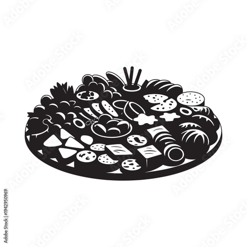 A black and white illustration of a platter filled with various foods