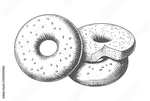 Black and white style of a sesame seed bagel cut in half seeds baked bread