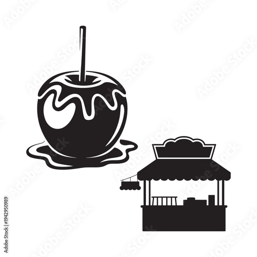 Black and white illustration of a caramel apple and a food stand