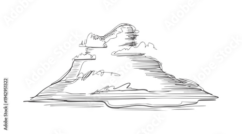 Minimalist black and white line of layered rocky landscape