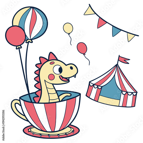Cute Surprised Dragon, accessorized with in a teacup, in a Circus Carnival world – Big Top Brights palette vector