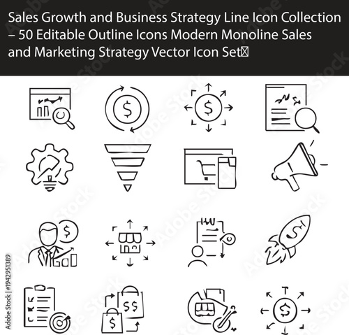 Black vector line icon set featuring business and social media symbols for web design, including computer, phone, and money signs in a sketch illustration style