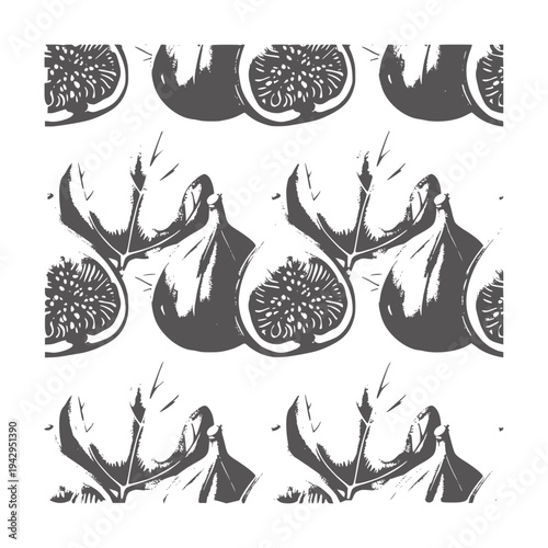 Repeating pattern of dark gray fresh figs and leaves white fruit food
