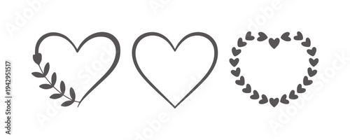 Three minimalist hearts one with leaves one empty one with small hearts love symbol