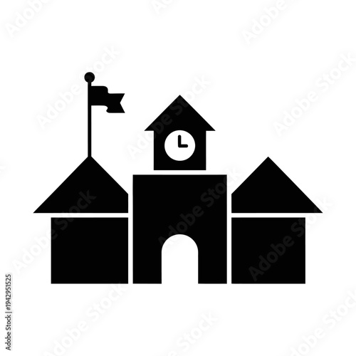 School Building Icon Silhouette with Clock Tower and Flag