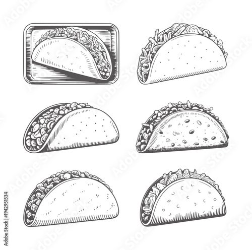 Six black and white taco in various styles and angles tacos food Mexican