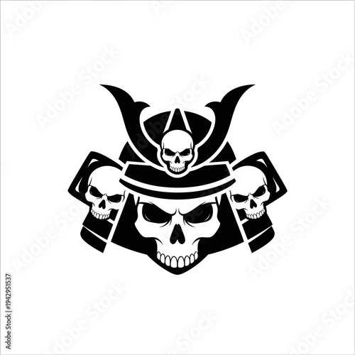 Samurai Skull Helmet Emblem with Three Skulls, Warrior Symbol, Dark Art