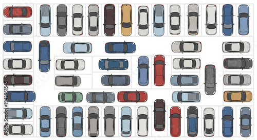 Top view of various cars parked in a lot.