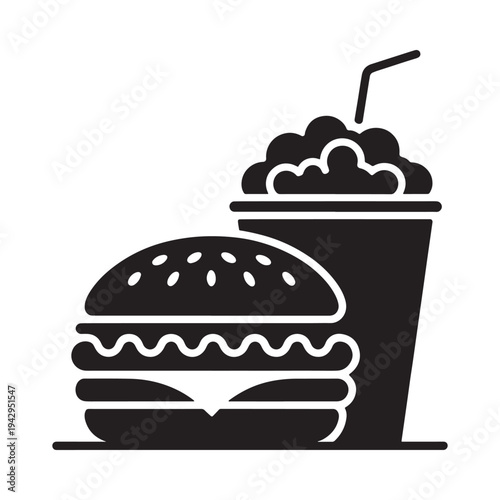 A black silhouette illustration of a burger and a soft drink