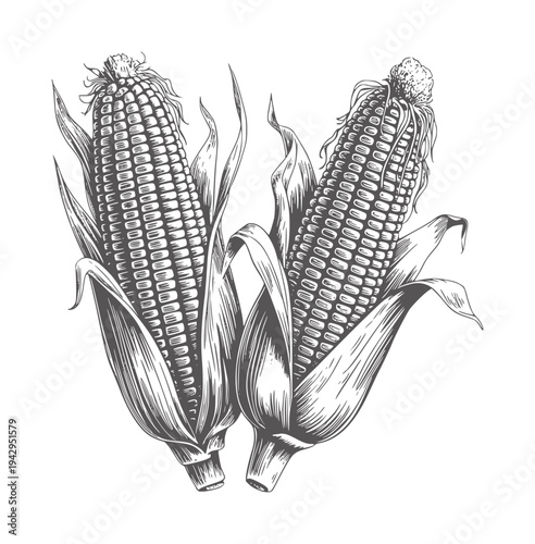 Two black and white corn cobs with husks and silk maize grain food