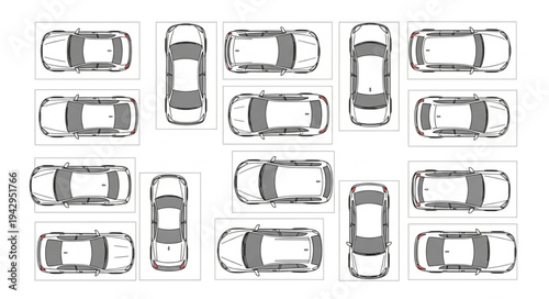 Top view of multiple parked cars in a parking lot.