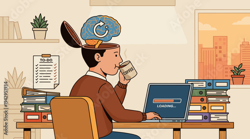 Mental fatigue concept with open head and reloading brain. Flat design graphic of tired employee drinking coffee at office desk