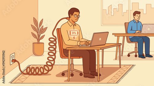 Low battery burnout concept with office worker plugged into wall outlet. Flat design graphic of tired employee recharging energy at desk