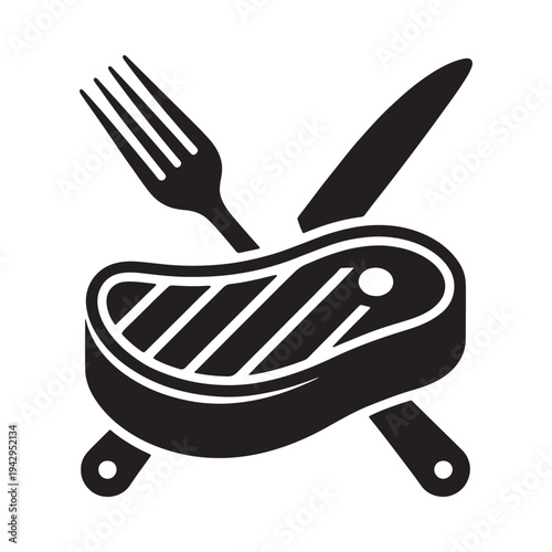 Black and white illustration of a steak with fork and knife