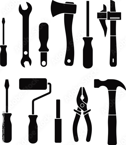 Hand tools silhouettes collection, hammer wrench screwdriver pliers and repair equipment icons, construction toolkit vector illustration isolated set