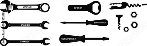 hand, tools, silhouette, set, wrench, spanner, screwdriver, opener, corkscrew, nuts, bolts, mechanic, repair, toolkit, vector, black, icon, isolated, equipment, collection