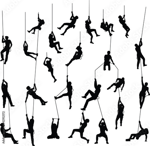 Rope climbing silhouettes collection, industrial climbers and rescue workers descending with safety rope, adventure sport vector illustration set