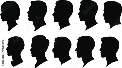 Male head profile silhouettes collection, human face side view icons set, men avatar shapes, people vector illustration