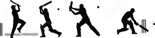 Cricket player batting silhouettes collection, batsman hitting ball action poses with wicket, sport competition vector illustration isolated set