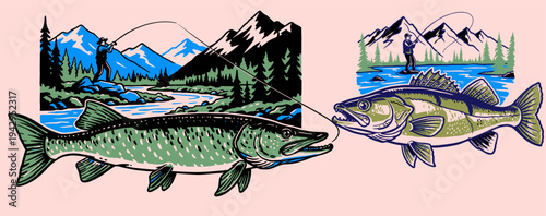 Fishing club t shirt design. River king mahseer fish artwork. Outdoor adventure fishing. Fly fishing graphic print. Mountain river fishing.