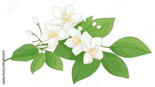 Clean graphic depicting minimalist jasmine flowers and leaves with green outlines in flat colors isolated on a white backdrop for design use