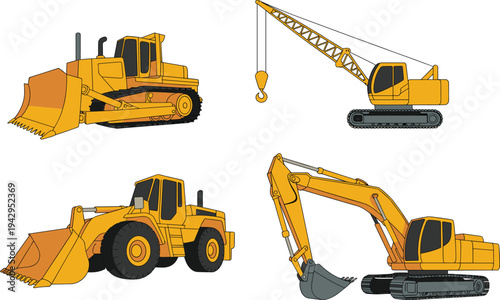 Detailed colorful illustration of construction vehicles including bulldozer, crawler crane, front‑end loader, and excavator, representing heavy machinery used in building, excavation