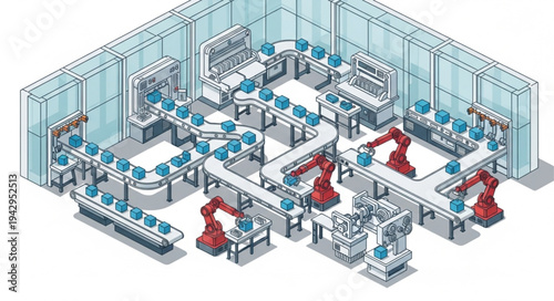 Industrial Factory 3D Rendering with Robots.