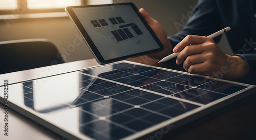 Businessman analyzing solar panel data on tablet for renewable energy investment
