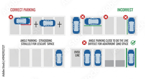 Correct and incorrect car parking illustration with clear visual guidance.