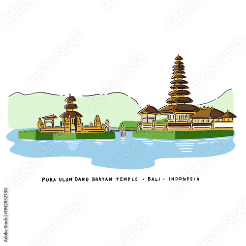 Pura Ulun Danu Bratan Temple Bali island Indonesia World heritage site Hand drawn line art Color illustration