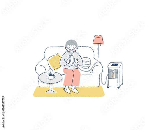 室内で酸素濃縮装置を使用している女性