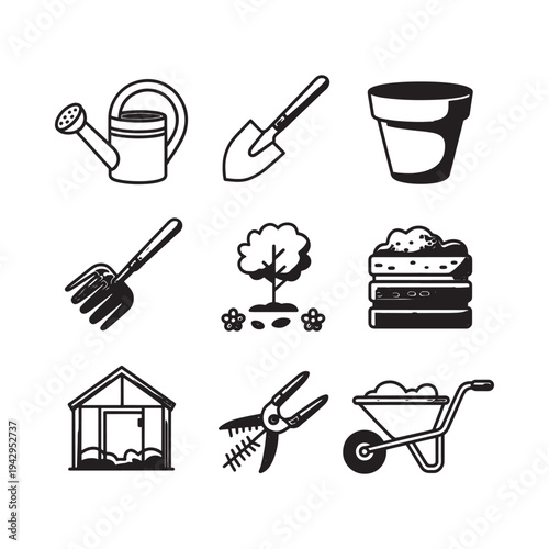 Gardening tools and plants a black and white icon set illustration