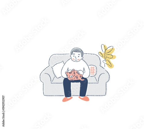 ソファに座って猫を撫でているシニア男性