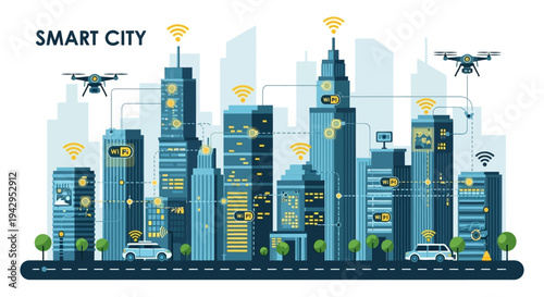 Modern smart city skyline concept vector illustration with high rise buildings communication network and digital infrastructure futuristic urban technology cityscape isolated background