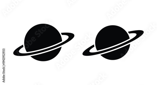 Two stylized planets with rings depicted in a simple black silhouette