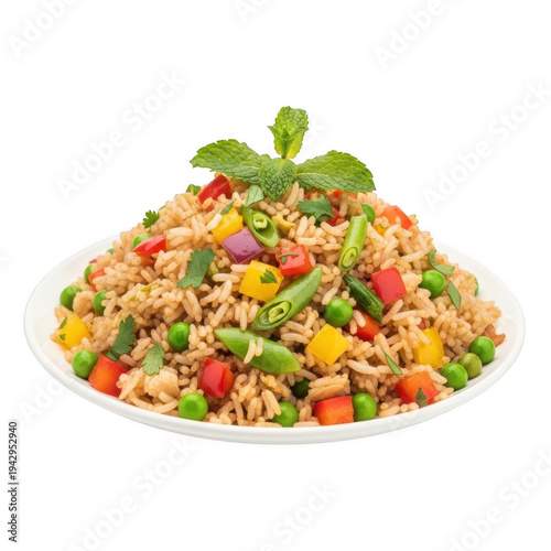 Delicious vegetable fried rice dish with mixed vegetables and herbs isolated on transparent background